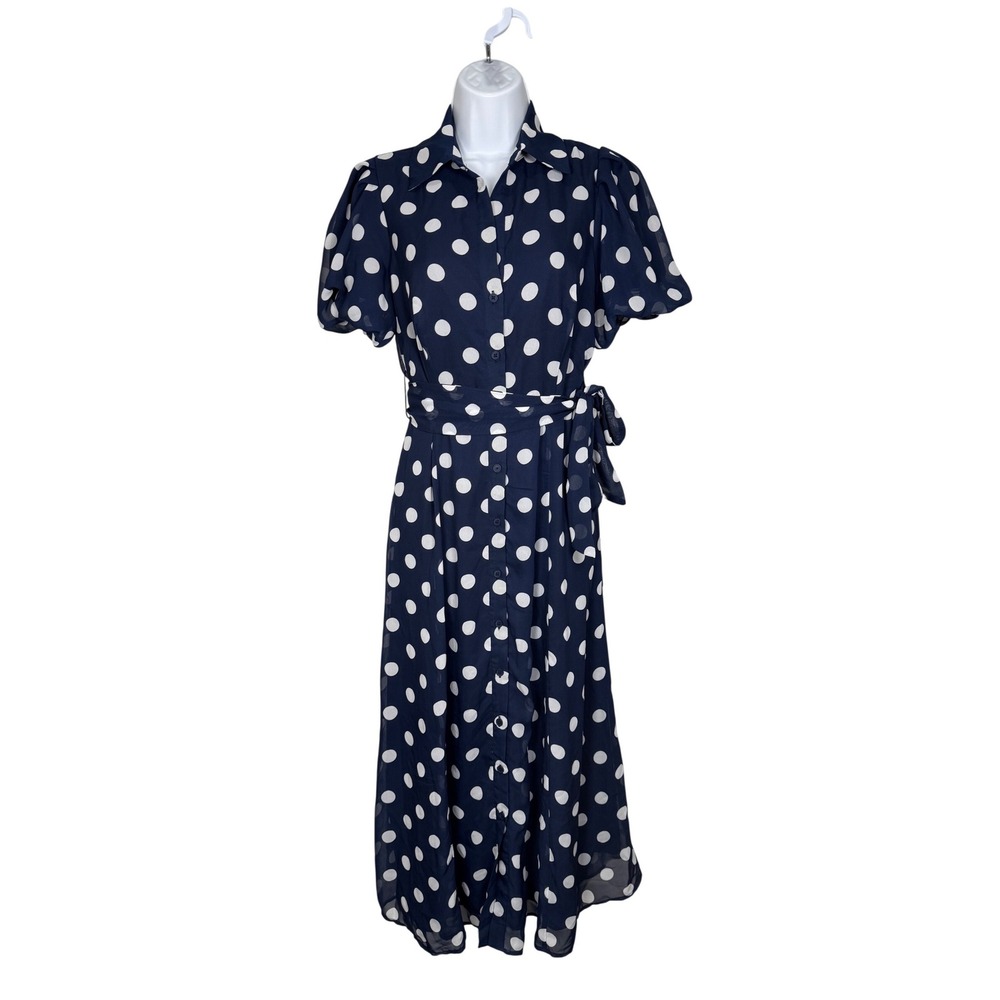 Studio One Navy Polka Dot Midi Dress Tie Waist Button Front S Parisian Coquette